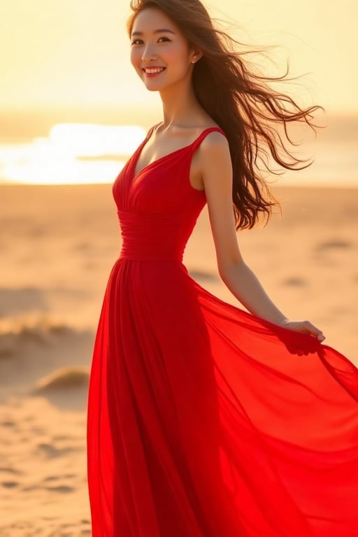 a beautiful Korean girl in a long red dress, long hair, a slender body, an elegant smile, a bright atmosphere, breeze wind, photo-realistic,futuremadness