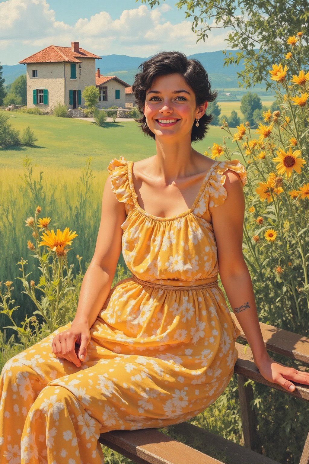 Here's a prompt for a realistic oil painting: A radiant young European woman with short dark hair,  beaming with a warm sm...