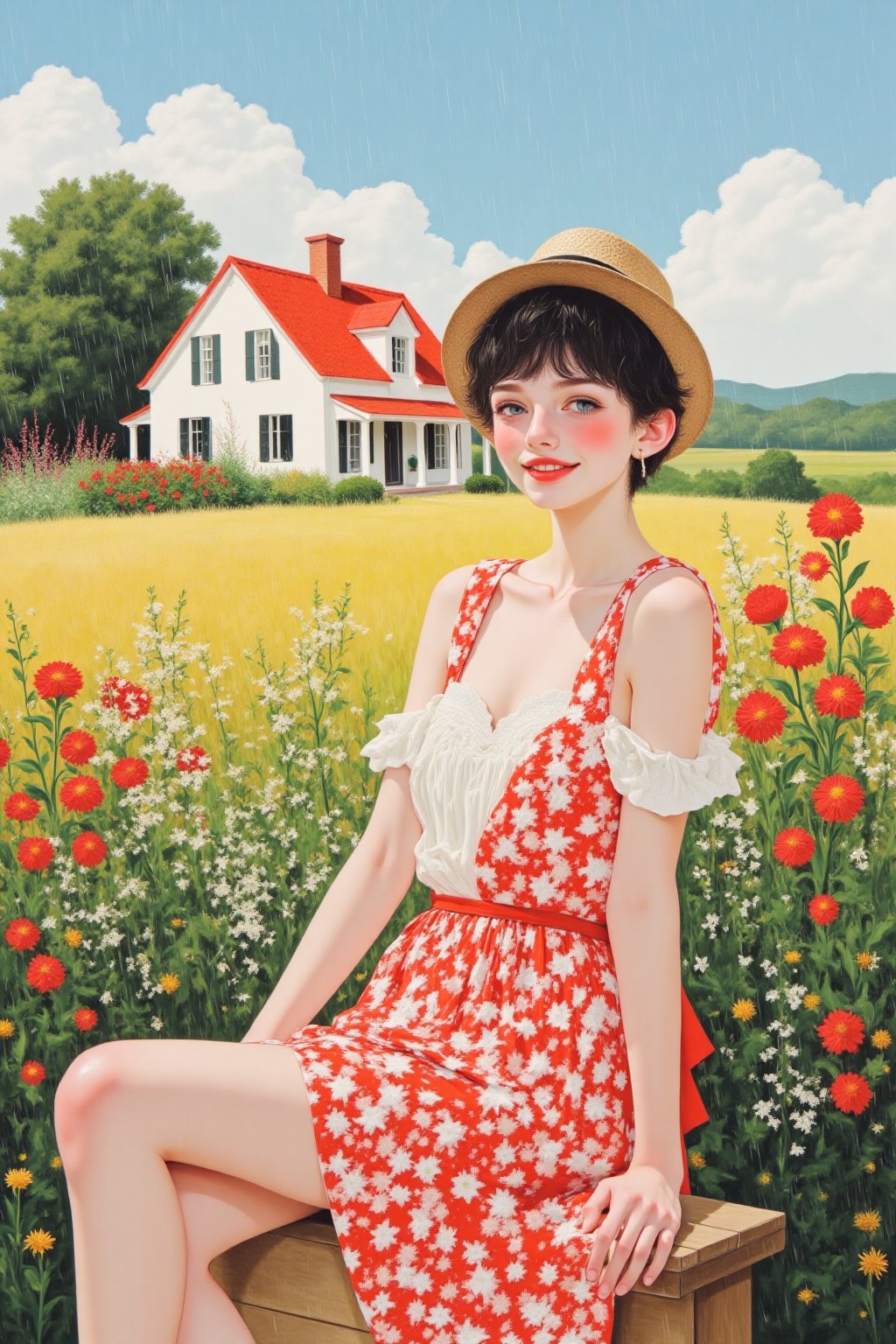 Realistic oil painting of a full body shot of a smiling young beautiful European woman in a open short translucent chintz...