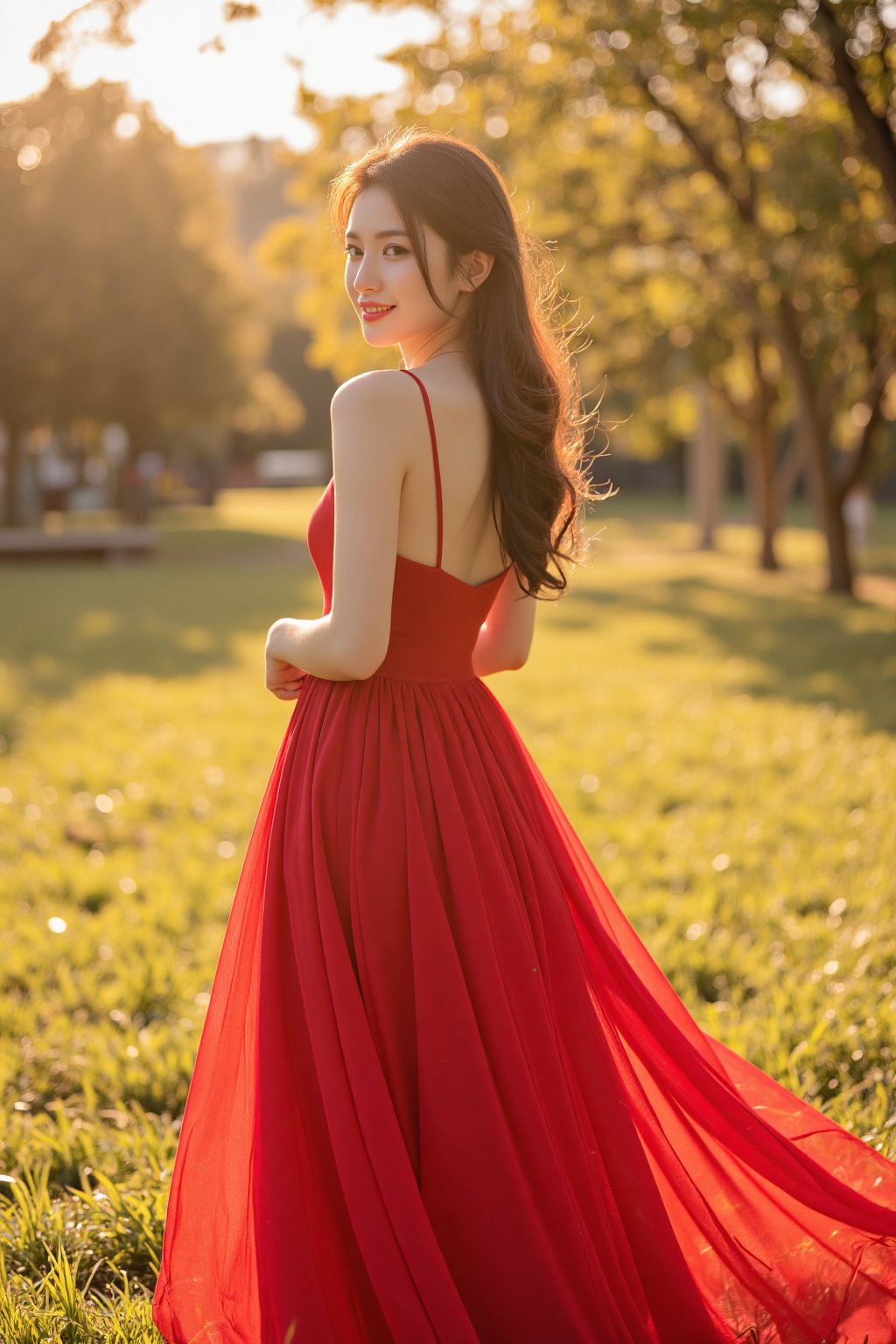 A serene afternoon setting: a stunning Korean woman stands effortlessly in a breathtaking long red dress, her raven locks cascading down her back. The warm sunlight illuminates her slender figure, accentuating her elegance as she wears an enigmatic smile. The atmosphere is alive with a gentle breeze and whispering wind, captured in a photorealistic image that exudes refinement.