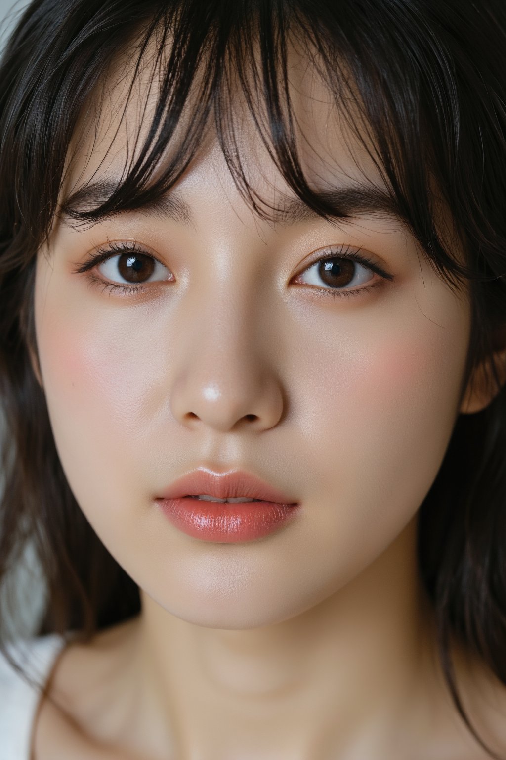 extreme close-up, Korean woman, 20-25 years old, in the style of Asian beauty standards, photorealistic, shot with Sony Alpha a7R IV 35mm f/5.6 --ar 1:2 --style raw --stylize 750