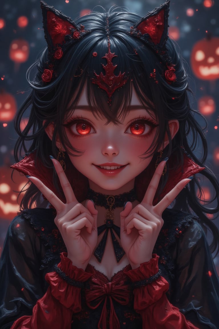 A cute girl is smiling at me, making a peace sign with both hands. It's a Halloween party. The girl is dressed as a vampire. She's slightly blushing, perhaps because she's embarrassed, but her smile is radiant and beautiful. The party continues in a fun atmosphere all night long.1girl_Anime,beautiful_female_fingers, Midjourney art v2 