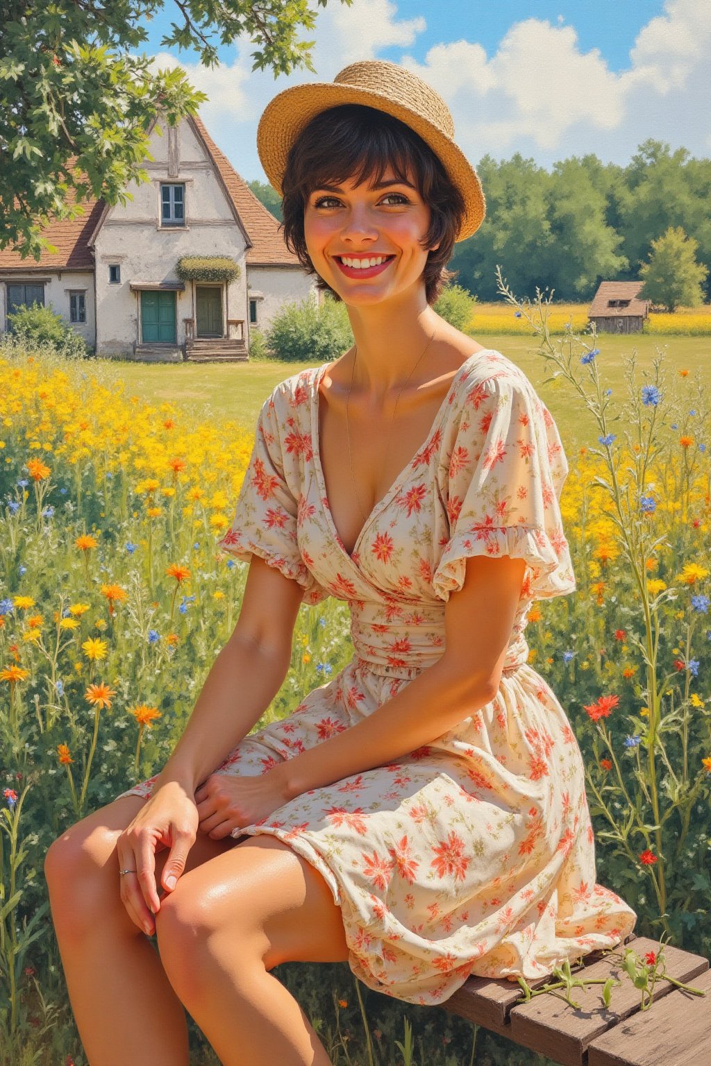 Realistic oil painting of a full body shot of a smiling young beautiful European woman in a open short translucent chintz...