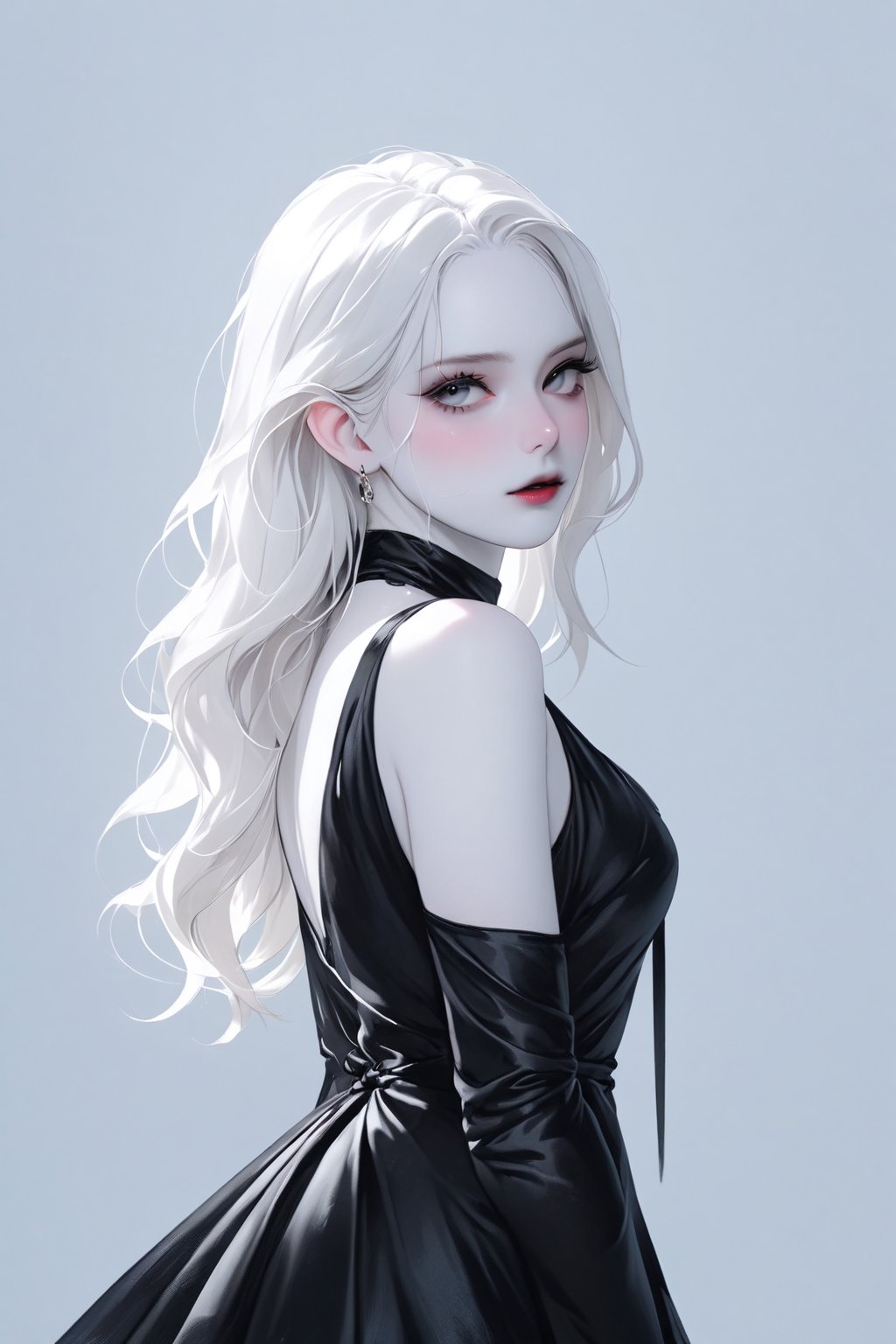 score_9, score_8_up, score_7_up, Expressiveh, (white background), dim lighting, 1female, solo, black eyes, pale skin, silver hair, pretty, she is wearing a black silk dress, (masterpiece: 1.2)