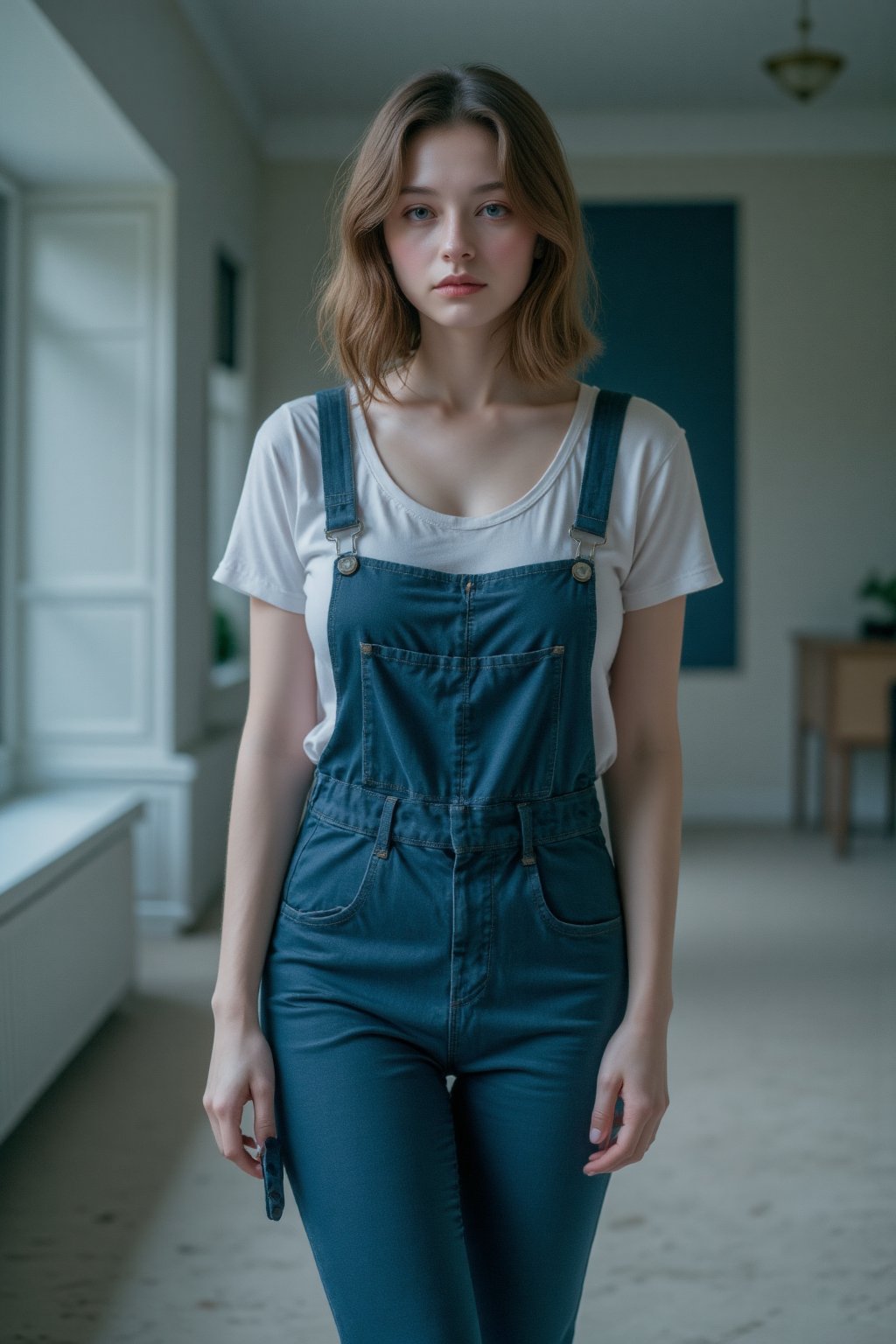 a girl wearing overalls poses for the camera,  in the style of shige's visual aesthetic style,  wavy by user_7666211210962...
