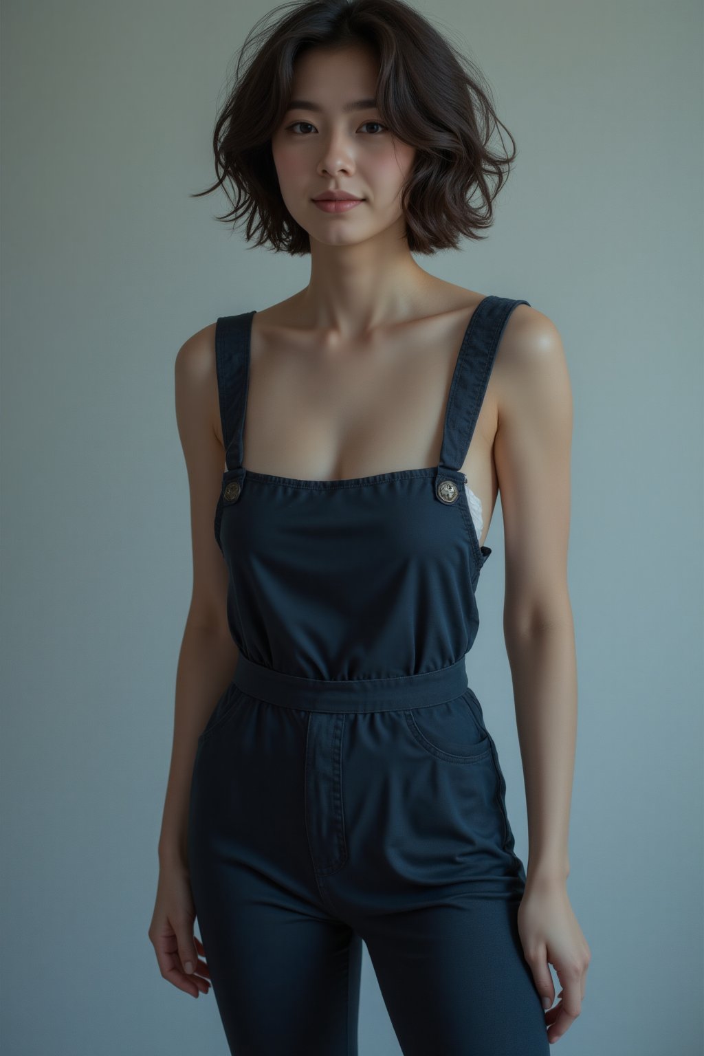 a girl wearing overalls poses for the camera,  in the style of shige's visual aesthetic style,  wavy by user_7666211210962...