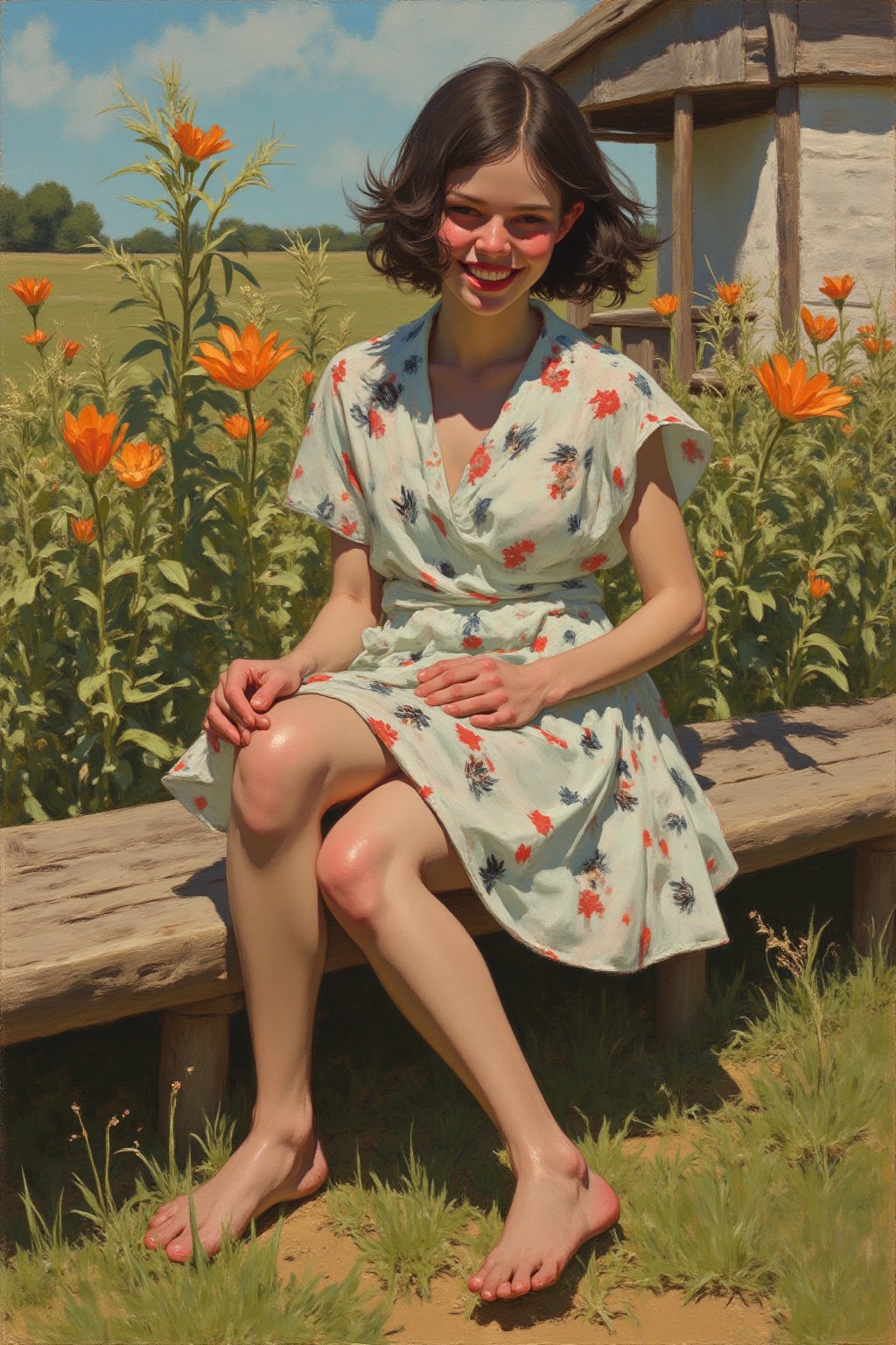 Here's a prompt for a realistic oil painting: A radiant young European woman with short dark hair,  beaming with a warm sm...