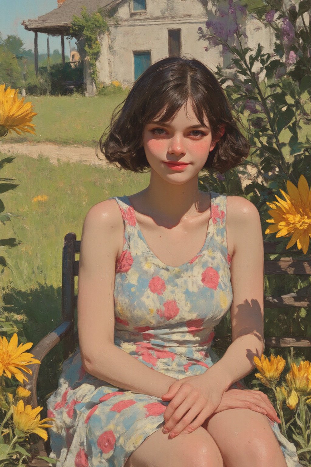 Realistic oil painting of a full body shot of a smiling young beautiful European woman in a open short translucent chintz...