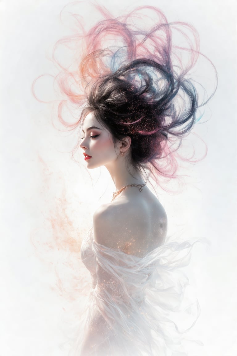 depict a surreal portrait of a woman,  her head dramatically titled back against a stark white background,  her hair and f...