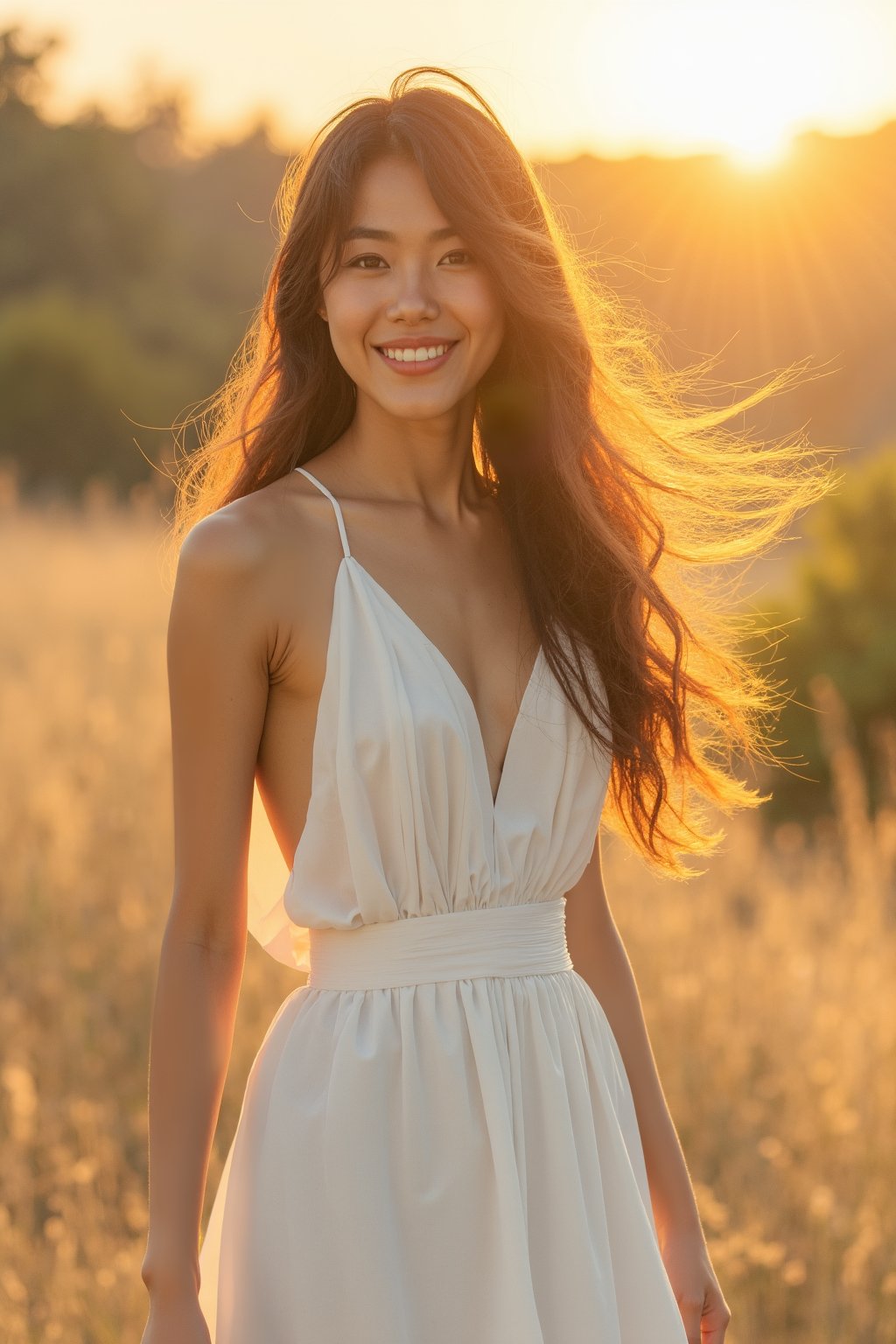 Prompt: A stunning 20-year-old Korean woman stands fully within the frame, radiant with elegance. Backlit by warm sunlight, her modern white dress billows softly around her, hair and fabric fluttering harmoniously. Her smile, a masterpiece of subtlety, illuminates her entire face. The camera captures every detail: luscious long locks, toned physique, and delicate features. An 8K resolution showcases the breathtaking bokeh, cinematic lighting, and raw beauty. Her figure fills the frame, inviting the viewer's gaze to linger