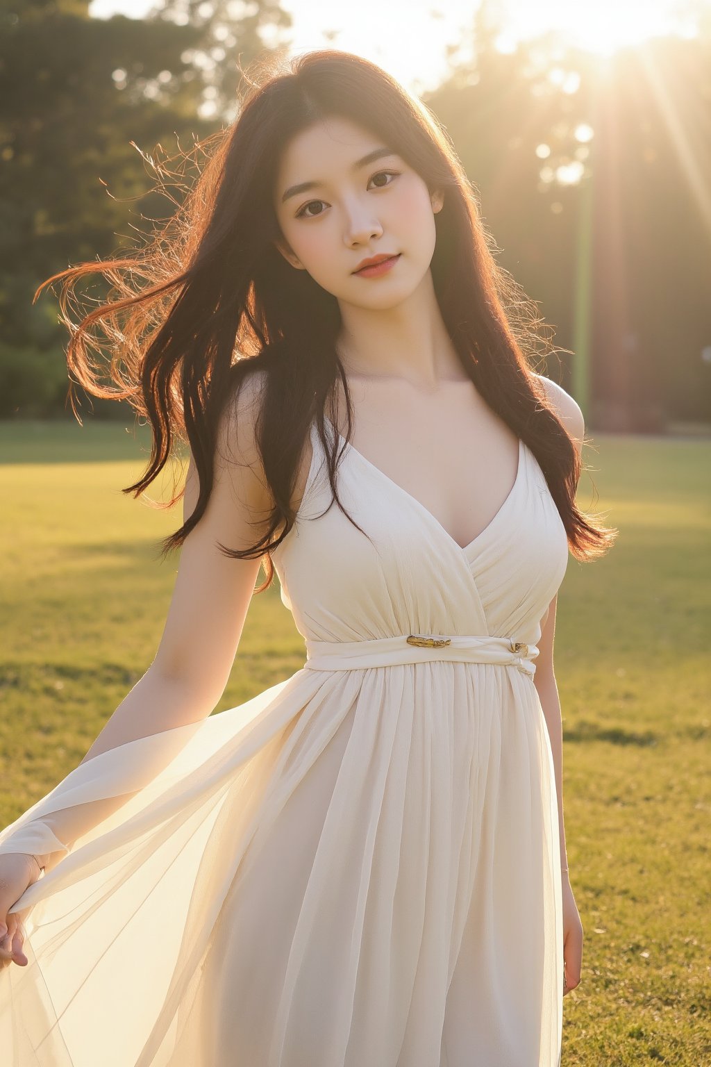 Prompt: A stunning 20-year-old Korean woman stands fully within the frame, radiant with elegance. Backlit by warm sunlight, her modern white dress billows softly around her, hair and fabric fluttering harmoniously. Her smile, a masterpiece of subtlety, illuminates her entire face. The camera captures every detail: luscious long locks, toned physique, and delicate features. An 8K resolution showcases the breathtaking bokeh, cinematic lighting, and raw beauty. Her figure fills the frame, inviting the viewer's gaze to linger