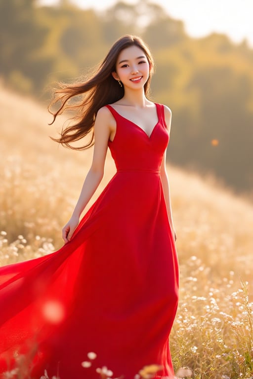 a beautiful Korean girl in a long red dress, long hair, a slender body, an elegant smile, a bright atmosphere, breeze wind, photo-realistic