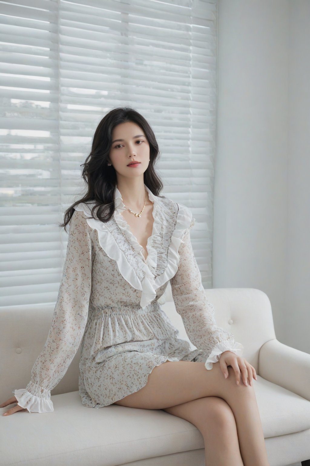 A serene woman sits elegantly on a plush white sofa, her dark hair flowing like silk over her shoulders. She wears a flowery shirt with a crisp white collar and delicate necklace. Her left hand rests on her hip, grounding her posture. The sofa's ruffles add tactile interest to the composition. Against the stark white backdrop, vertical blinds conceal the window, while a lamp shade and black-and-white photograph create visual intrigue beside her.