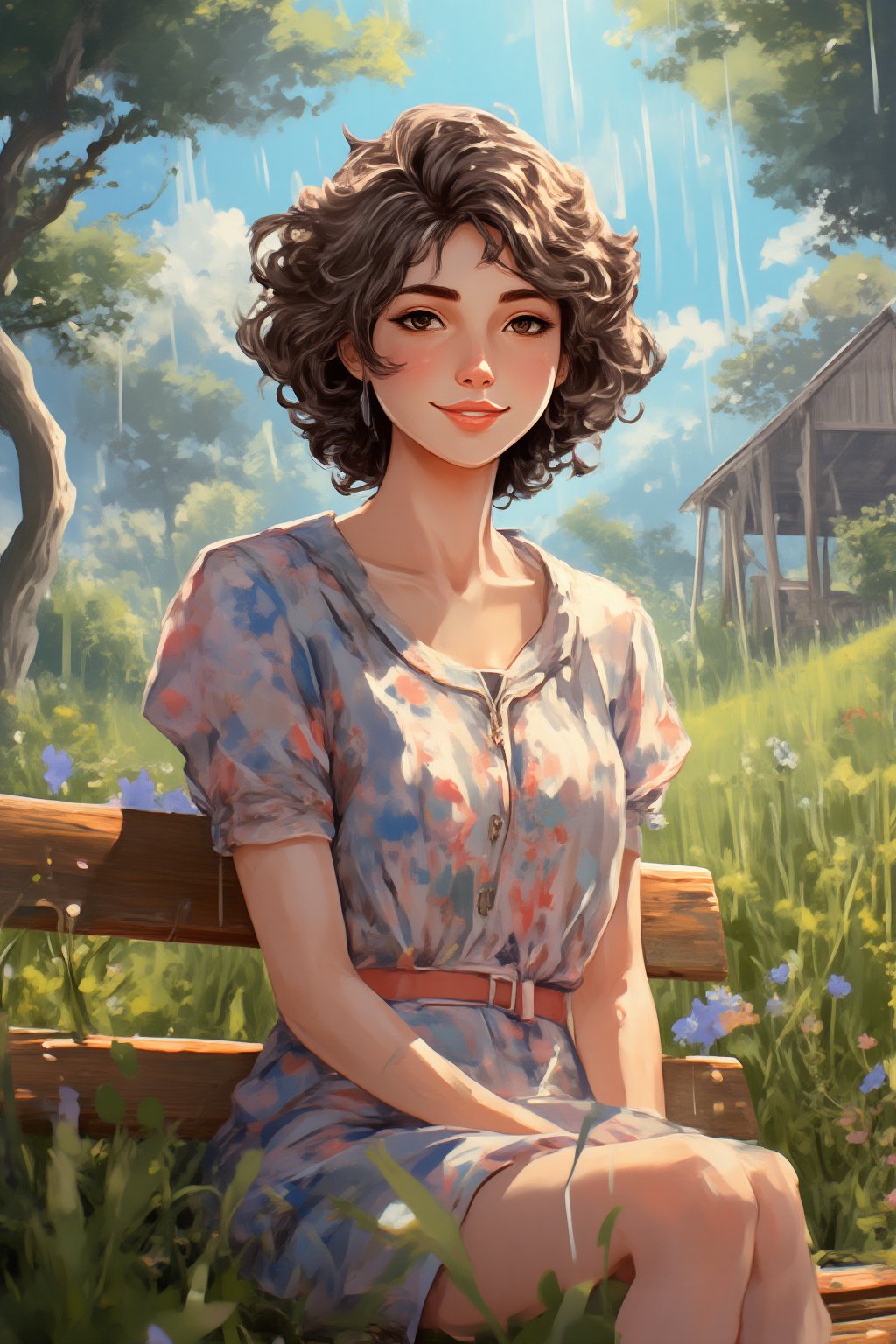 Realistic oil painting of a full body shot of a smiling young beautiful European woman in a open short translucent chintz...