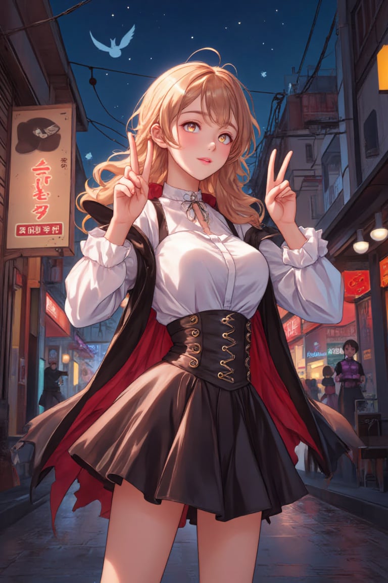 A cute girl is smiling at me, making a peace sign with both hands. It's a Halloween party. The girl is dressed as a vampire. She's a little blushing, perhaps because she's embarrassed, but her smile is radiant and beautiful. The party continues in a fun atmosphere all night long.,Anime style,1girl_Anime,beautiful_female_fingers