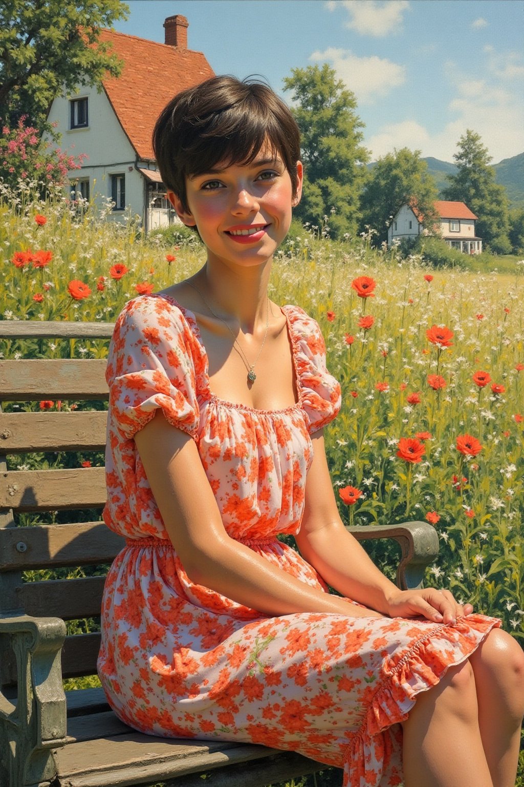 Realistic oil painting of a full body shot of a smiling young beautiful European woman in a open short translucent chintz...