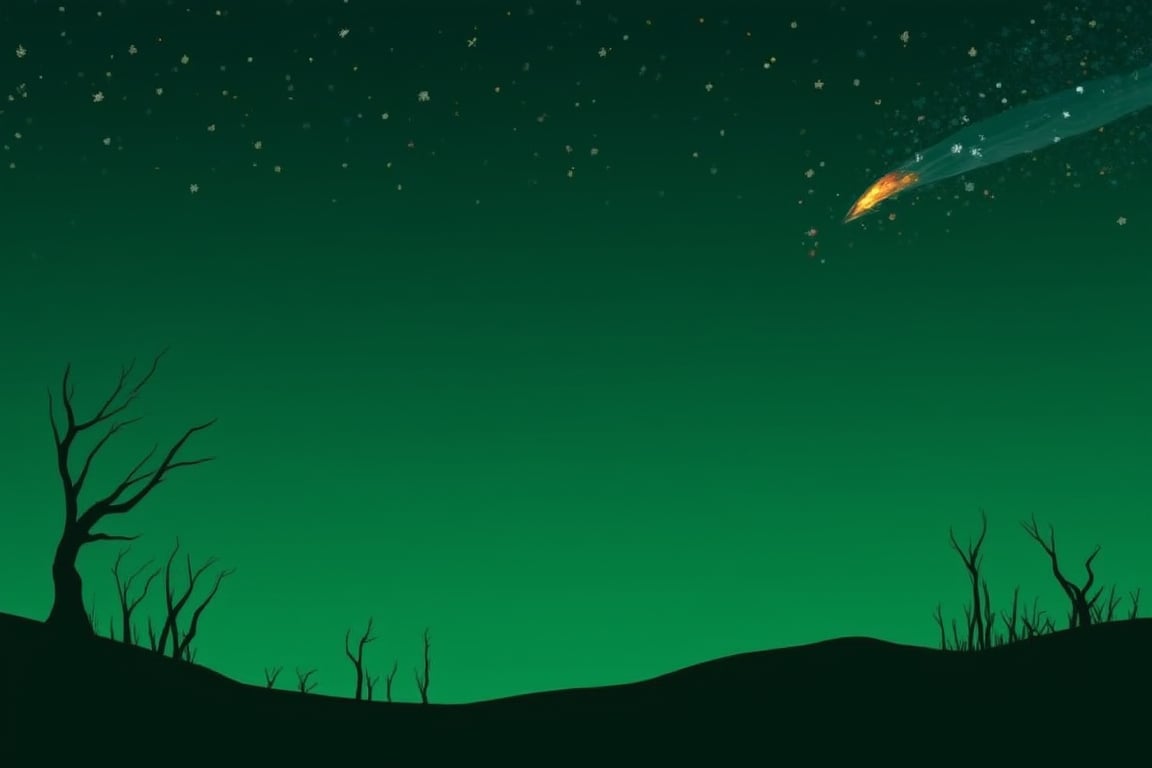 score_9, score_8_up, score_7_up, Expressiveh, (masterpiece: 1.2), illustration, Stars are scattered across the emerald sky. A small meteorite, spewing fiery smoke, descends from the upper right to the lower left. Here and there, only dry branches remain on small trees.