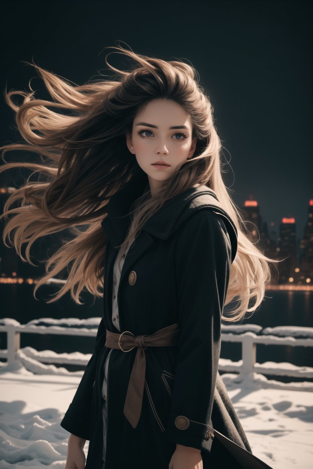 a woman with long wild hair on a windy day,  in the style of toy camera effects,  haunting elegance by user_76662112109625...