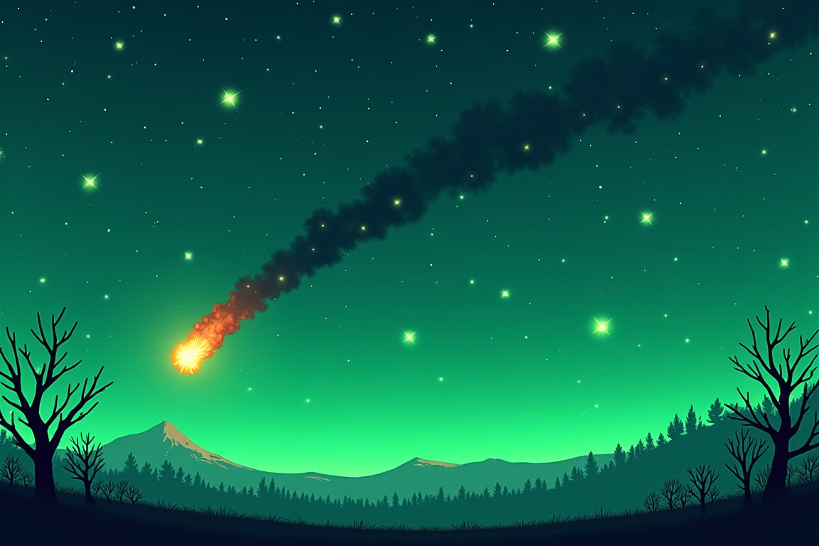 score_9, score_8_up, score_7_up, Expressiveh, (masterpiece: 1.2), illustration, Stars are scattered across the emerald sky. A small meteorite, spewing fiery smoke, descends from the upper right to the lower left. Here and there, only dry branches remain on small trees.