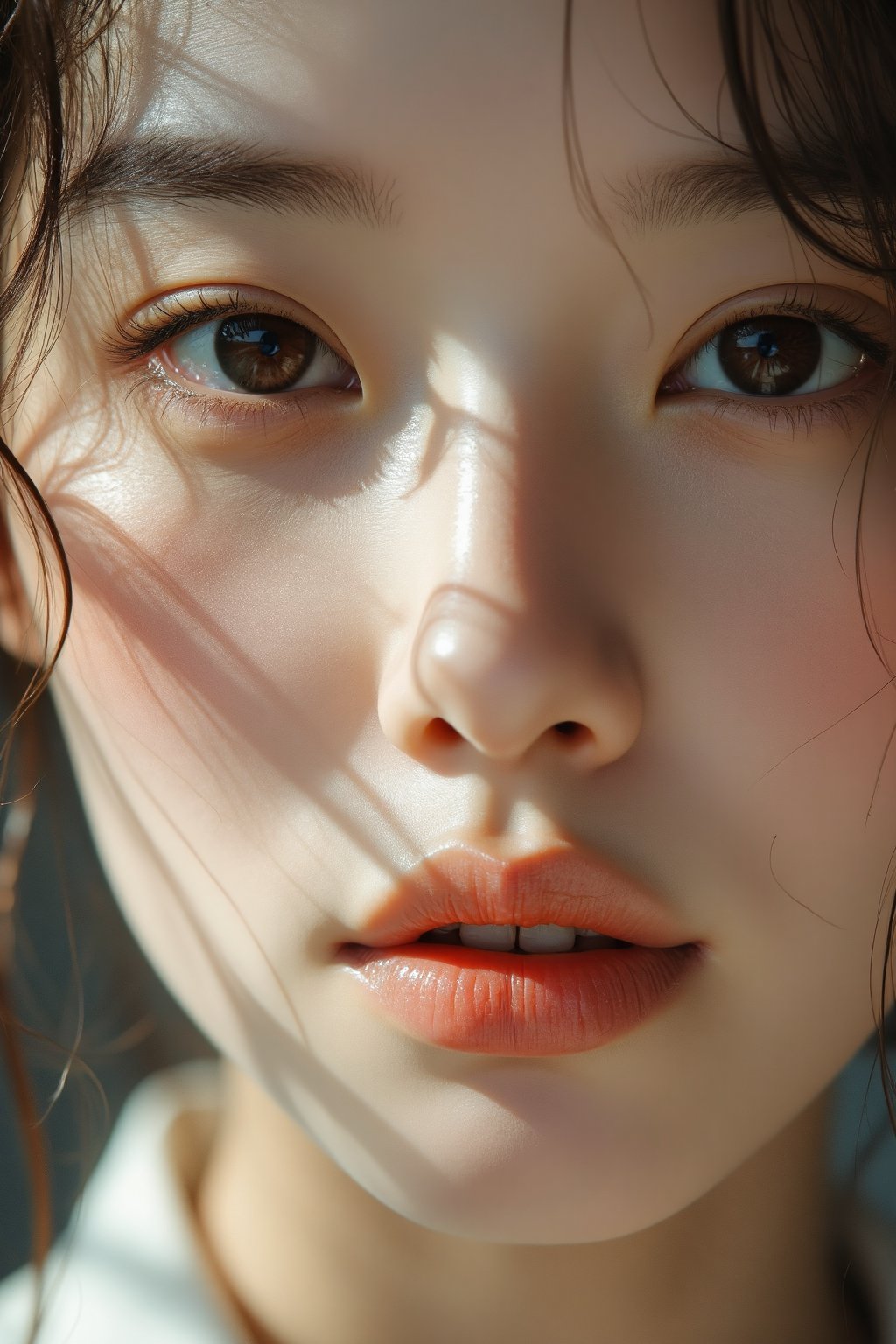 extreme close-up, Korean woman, 20-25 years old, in the style of Asian beauty standards, photorealistic, shot with Sony Alpha a7R IV 35mm f/5.6 --ar 1:2 --style raw --stylize 750