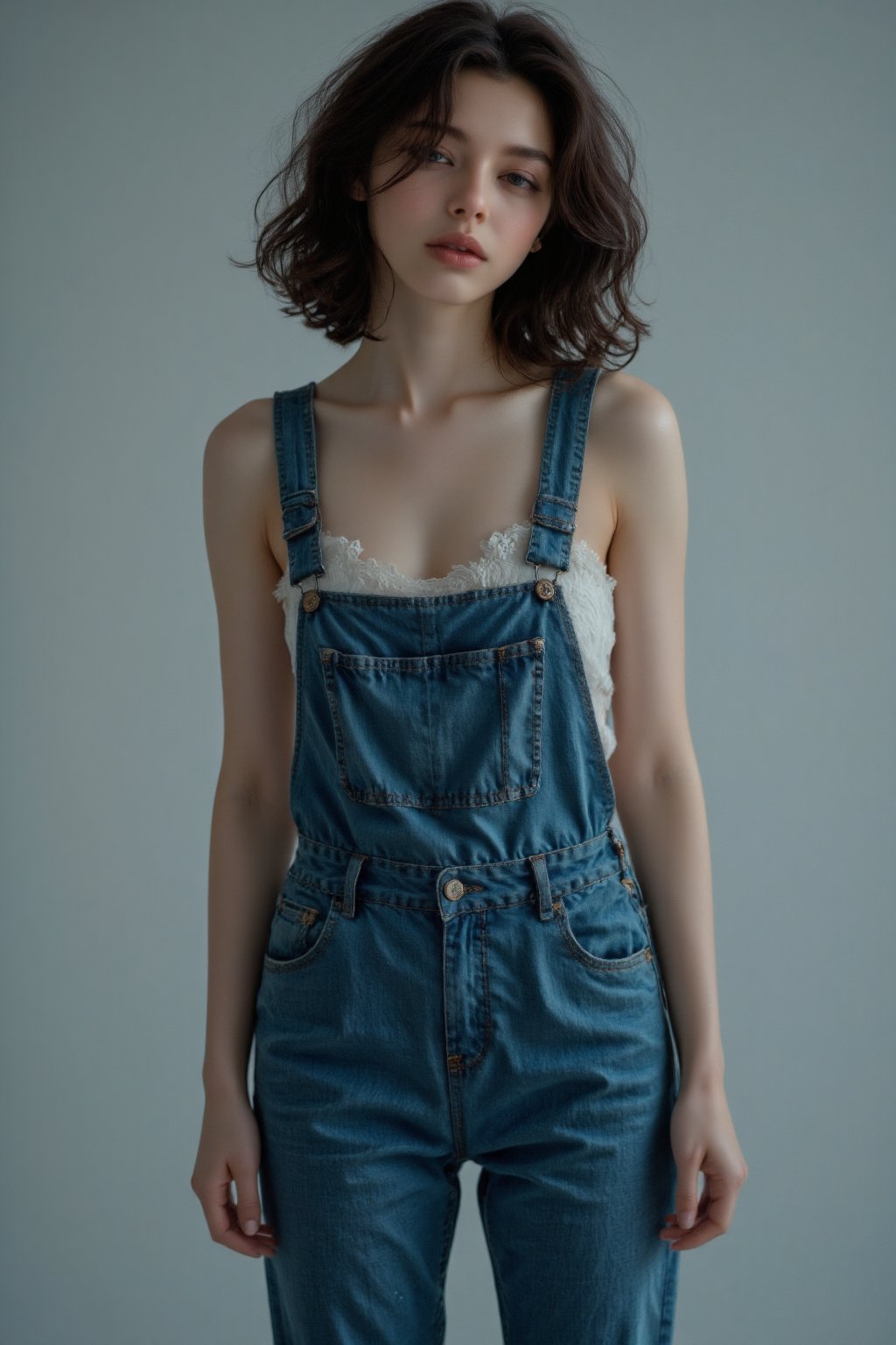 a girl wearing overalls poses for the camera,  in the style of shige's visual aesthetic style,  wavy by user_7666211210962...