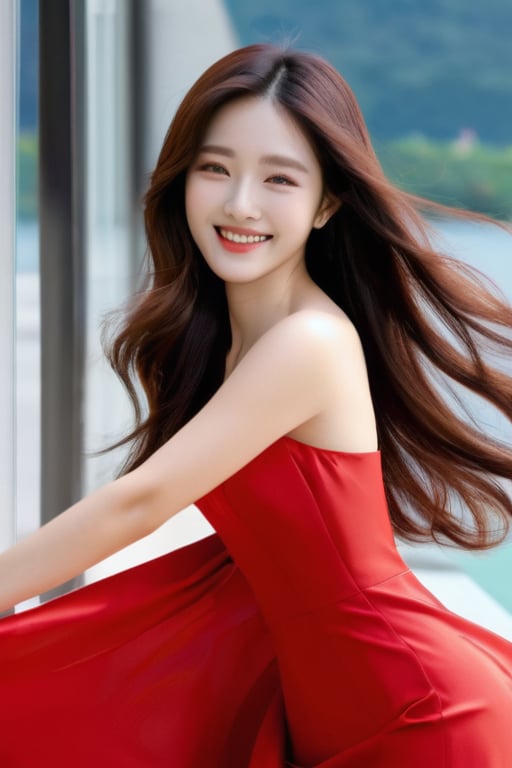 a beautiful Korean girl in a long red dress, long hair, a slender body, an elegant smile, a bright atmosphere, breeze wind, photo-realistic,futuremadness