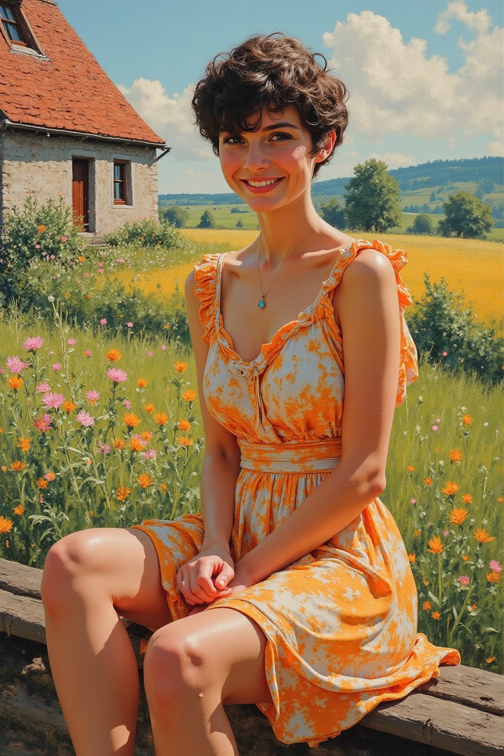 Realistic oil painting of a full body shot of a smiling young beautiful European woman in a open short translucent chintz...