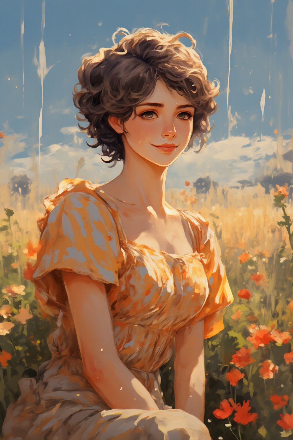 Realistic oil painting of a full body shot of a smiling young beautiful European woman in a open short translucent chintz...