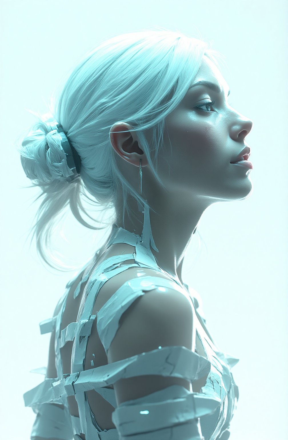 depict a surreal portrait of a woman,  her head dramatically titled back against a stark white background,  her hair and f...