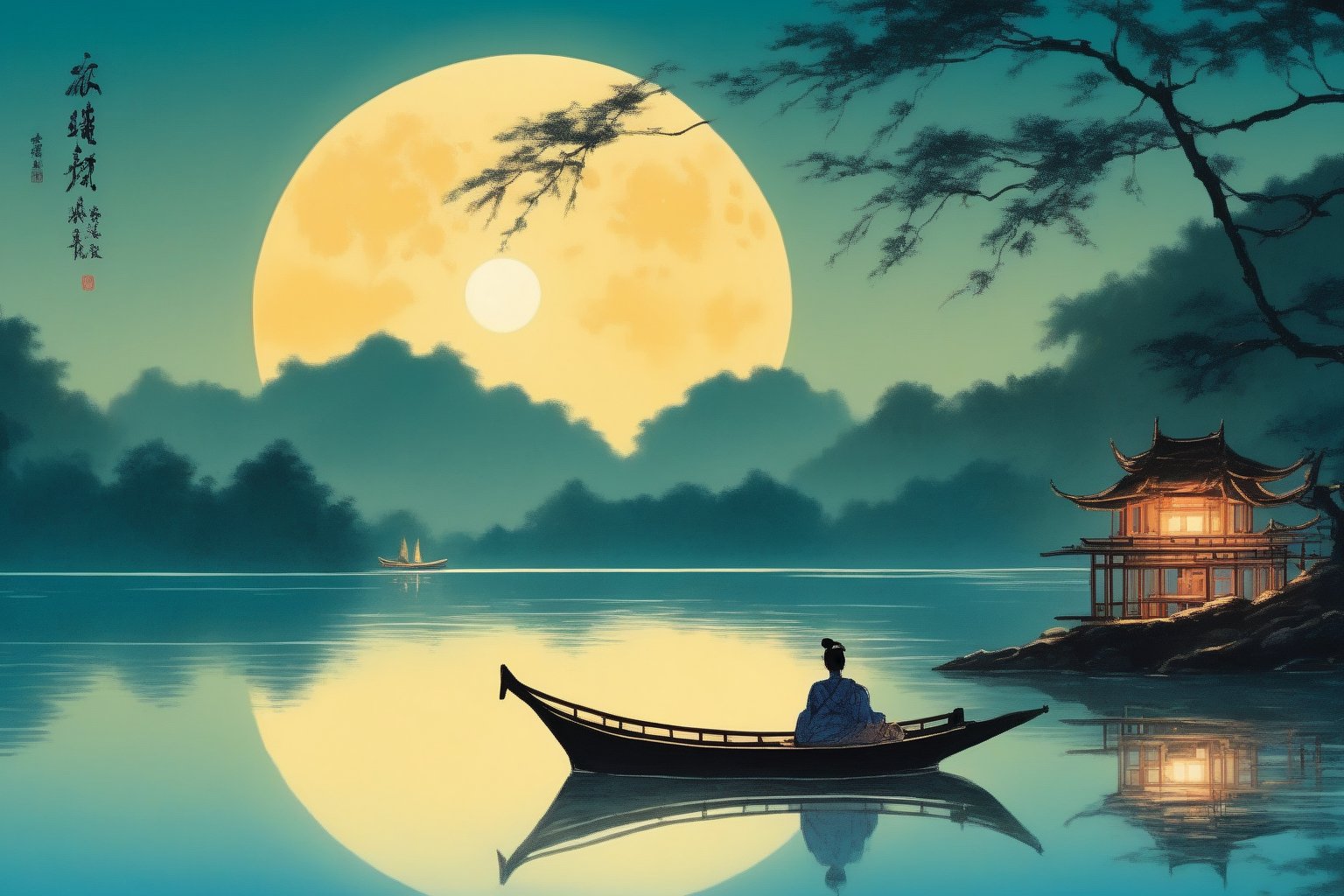 Oriental painting, calm waves on a lakeside, night, full moon on the left side of the sky, moonlight reflected on the lakeside, small boat floating on the lakeside, back view of a person sitting on the boat