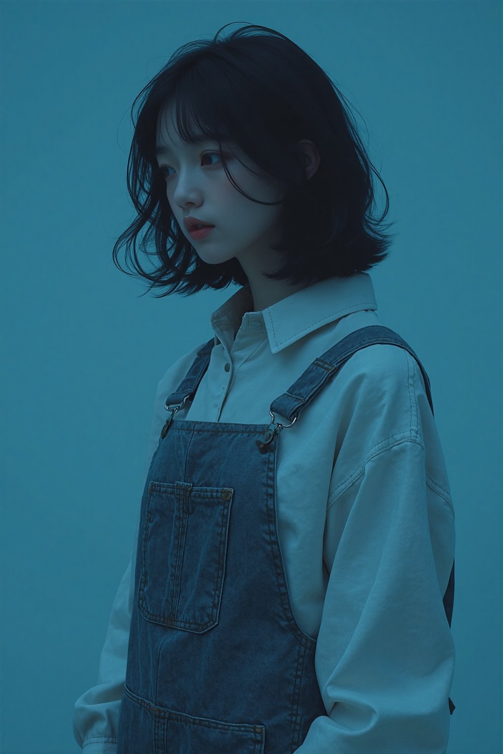 a girl wearing overalls poses for the camera, in the style of shige's visual aesthetic style, wavy, dark azure, minimalist beauty, slumped/draped, gongbi, frayed --ar 71:89 --stylize 750 --v 6, midjourney art,mjanime