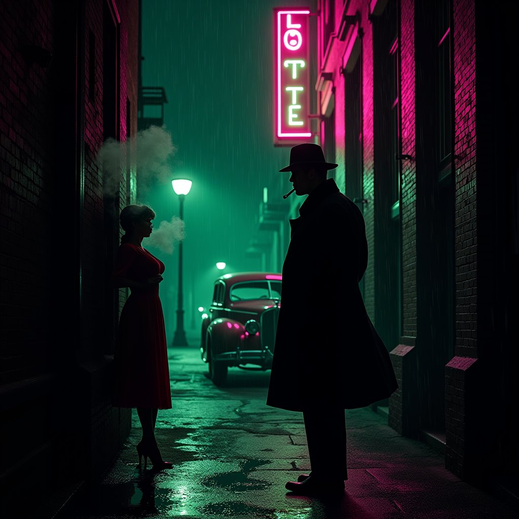 Photorealistic concept poster of a 1940s detective scene:
Dark alley at night, brick walls. Male detective in fedora and trenchcoat, silhouetted. Glowing lime green neon outline. Woman in red dress leaning against wall, magenta neon outline. Vintage car parked nearby, alternating lime green and magenta neon outlines. Puddles on ground reflecting neon colors. Smoke rising from detective's cigarette, outlined in lime green. Revolver in detective's hand, magenta neon outline. Street lamp casting shadows, outlined in lime green. Fire escape on building, magenta neon outline. Neon sign in background reading "HOTEL" in alternating colors. Rain falling, individual droplets outlined in neon colors.