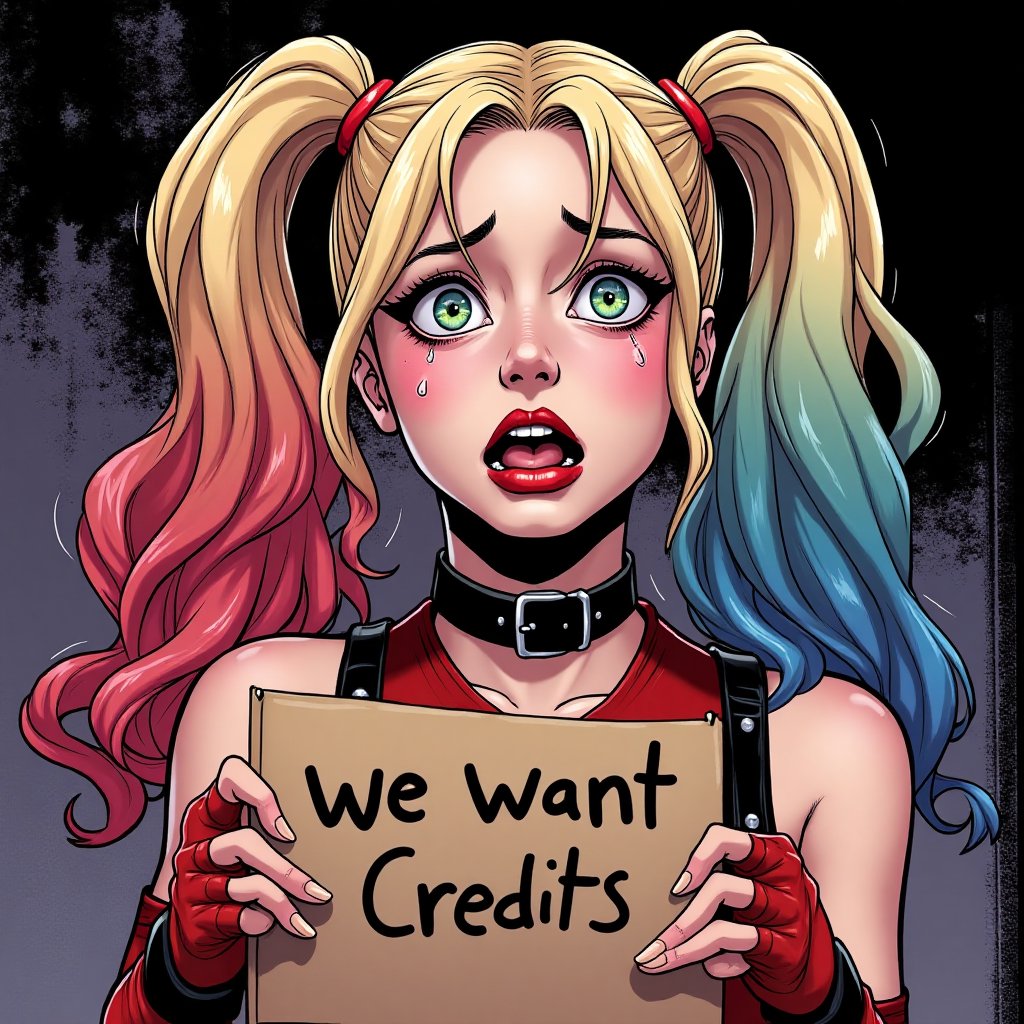 Harley Quinn crying, holding a sign written: "we want more credits",comics style sexy looking, slutty