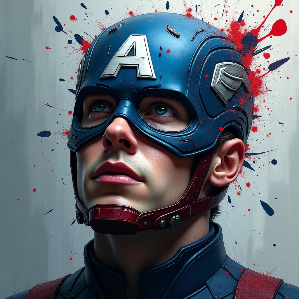 "A mesmerizing and captivating illustration of an abstract Captain America face, with the focus on the intricately detailed suit. The face appears fragmented, with shards of glass or paper overlapping it, creating a sense of chaos. The striking suit contrasts with the dark and monotone background, consisting of grays, whites, and splashes of blue and red. This cinematic piece exudes a dark fantasy vibe, drawing viewers in with its chaotic beauty. The suit has a vibrant color scheme, with star and stripe patterns that shimmer in the dimly lit scene. The overall atmosphere is both dark and magical, evoking a sense of wonder and intrigue., dark fantasy, vibrant, illustration, cinematic." By Sasan