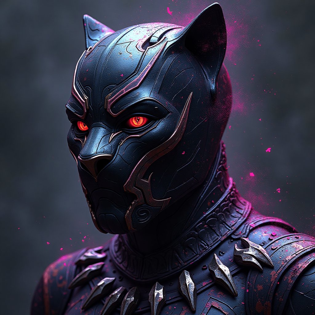 A mesmerizing and captivating illustration of an abstract Black Panther face, with the focus on the intricately detailed armor. The face appears fragmented, with shards of glass or cosmic debris overlapping it, creating a sense of chaos. The striking armor contrasts with the dark and monotone background, consisting of grays, blacks, and splashes of deep purple. This cinematic piece exudes a dark fantasy vibe, drawing viewers in with its chaotic beauty. The armor has a vibrant color scheme, with intricate patterns that shimmer in the dimly lit scene. The overall atmosphere is both dark and magical, evoking a sense of wonder and intrigue, cinematic, vibrant, dark fantasy, 