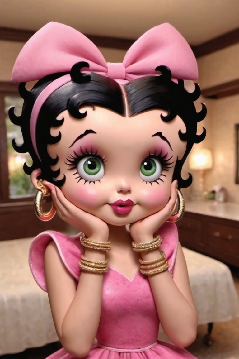 Betty Boop, 1girl, solo, black hair, dress, bow, jewelry, green eyes, hair bow, hairband, earrings, indoors, bracelet, eyelashes, makeup, lipstick, pink bow, pink dress, hoop earrings, hands on own face, hands on own cheeks, pink hairband