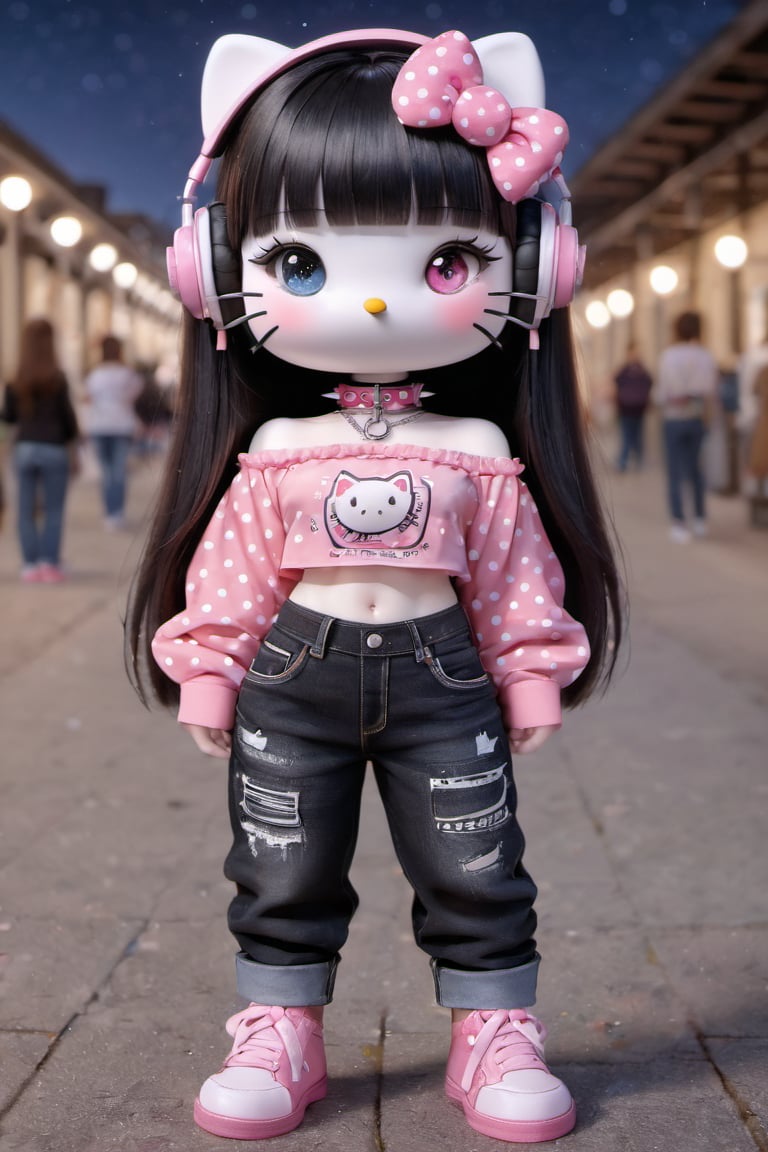 kitty, 1girl, solo, long hair, looking at viewer, blush, bangs, shirt, black hair, long sleeves, bow, navel, animal ears, standing, full body, hair bow, outdoors, shoes, solo focus, choker, midriff, pants, cat ears, blunt bangs, off shoulder, chibi, star (symbol), blurry, black eyes, collar, crop top, night, blurry background, colored skin, chain, headphones, heterochromia, black pants, denim, pink bow, fishnets, furry, spikes, jeans, furry female, pink footwear, off-shoulder shirt, polka dot bow, spiked collar, whiskers, photo background