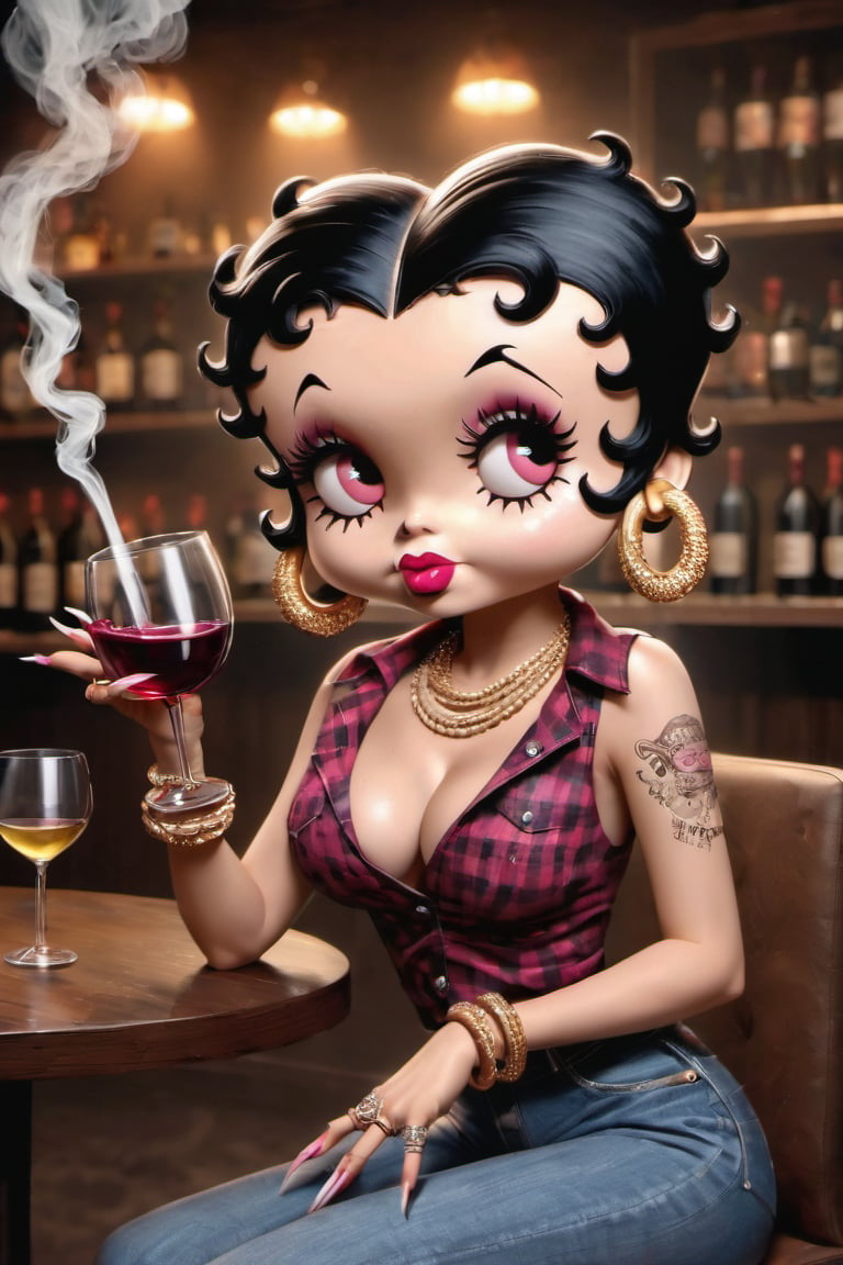 Betty Boop, 1girl, solo, breasts, short hair, shirt, black hair, cleavage, jewelry, medium breasts, sitting, earrings, pants, pink eyes, necklace, bracelet, english text, cup, fingernails, tattoo, makeup, ring, denim, lipstick, alcohol, drinking glass, smoke, colored sclera, long fingernails, cigarette, jeans, hoop earrings, sharp fingernails, smoking, wine glass, wine