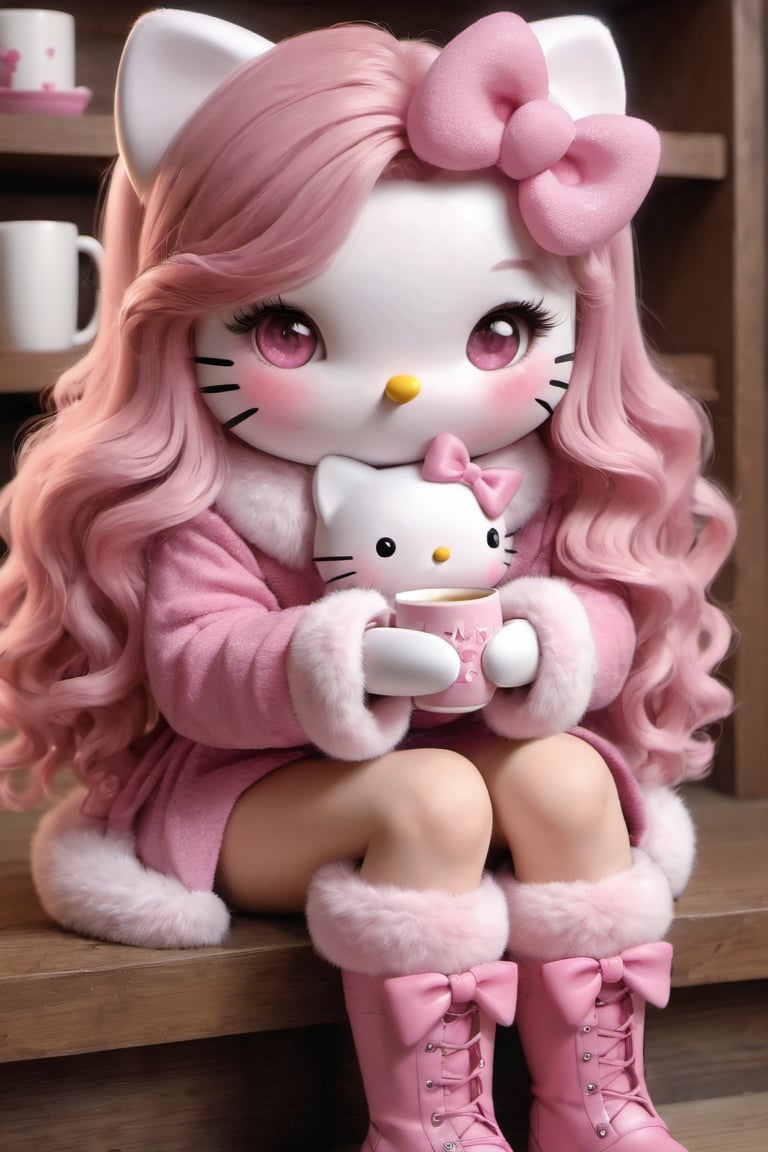 kitty, 1girl, solo, long hair, looking at viewer, blush, long sleeves, bow, holding, animal ears, sitting, pink hair, hair bow, boots, indoors, pink eyes, cup, fur trim, pink bow, holding cup, furry, mug, furry female, pink footwear, animal nose