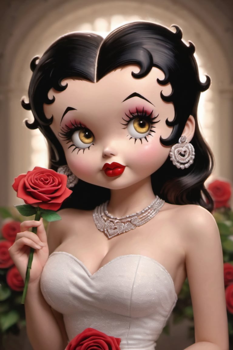 Betty Boop, 1girl, solo, long hair, breasts, looking at viewer, black hair, dress, holding, cleavage, bare shoulders, jewelry, medium breasts, yellow eyes, upper body, flower, heart, earrings, artist name, necklace, white dress, blurry, eyelashes, strapless, makeup, rose, lipstick, red flower, strapless dress, eyeshadow, red rose, holding flower, red lips