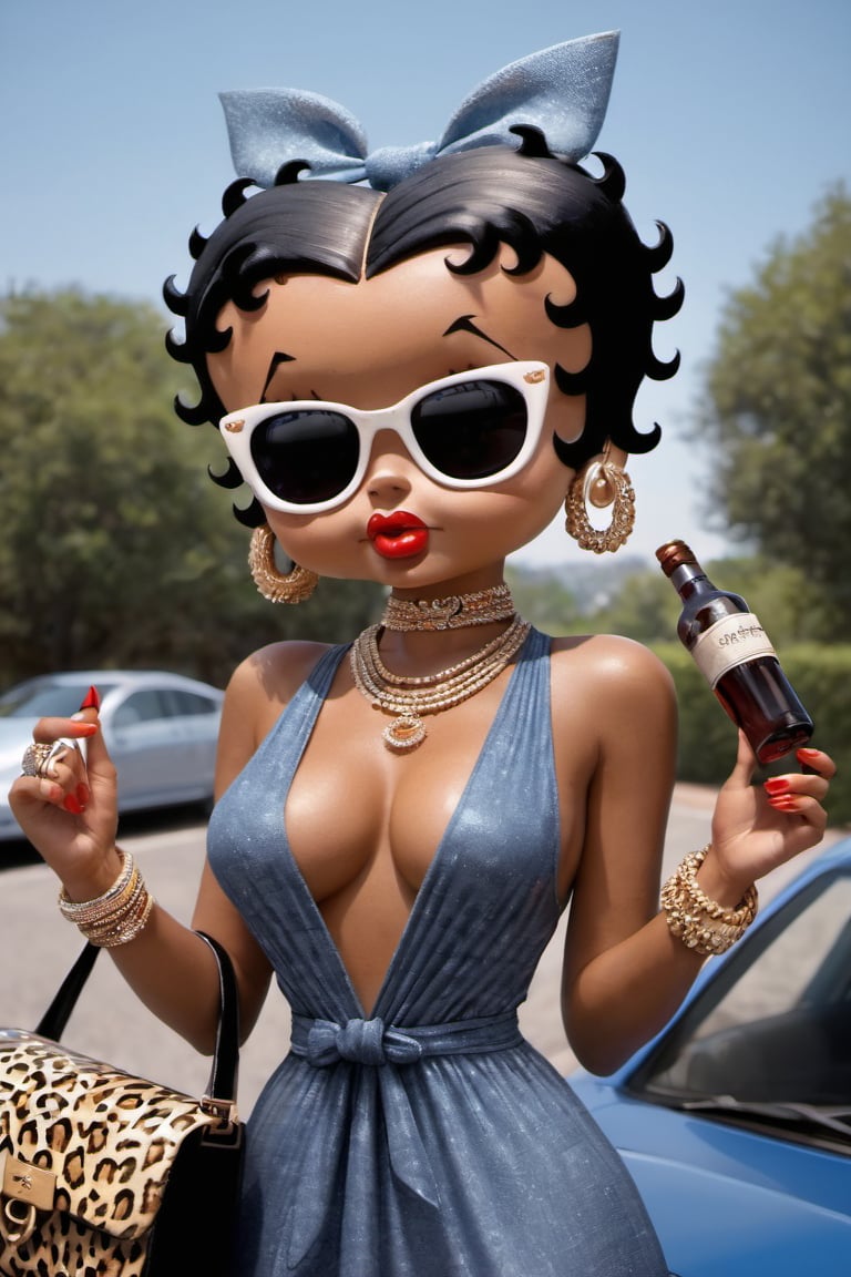 Betty Boop, 1girl, solo, breasts, black hair, dress, bow, cleavage, jewelry, medium breasts, hair bow, earrings, outdoors, choker, day, dark skin, necklace, bag, nail polish, bracelet, dark-skinned female, no bra, makeup, sunglasses, ring, bottle, lipstick, ground vehicle, red nails, motor vehicle, side slit, handbag, car, plunging neckline