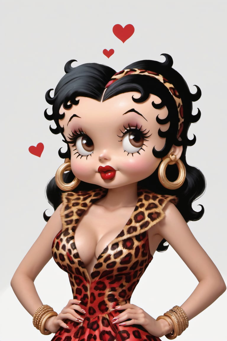 Betty Boop, 1girl, solo, long hair, breasts, black hair, dress, cleavage, brown eyes, jewelry, medium breasts, heart, hairband, earrings, bracelet, hand on hip, eyelashes, makeup, red dress, lipstick, animal print, hoop earrings, red lips, leopard print