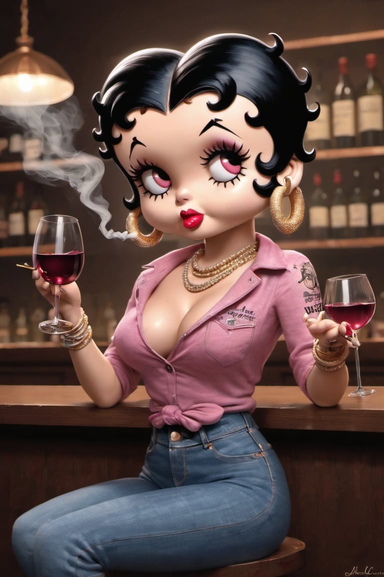 Betty Boop, 1girl, solo, breasts, short hair, shirt, black hair, cleavage, jewelry, medium breasts, sitting, earrings, pants, pink eyes, necklace, bracelet, english text, cup, fingernails, tattoo, makeup, ring, denim, lipstick, alcohol, drinking glass, smoke, colored sclera, long fingernails, cigarette, jeans, hoop earrings, sharp fingernails, smoking, wine glass, wine