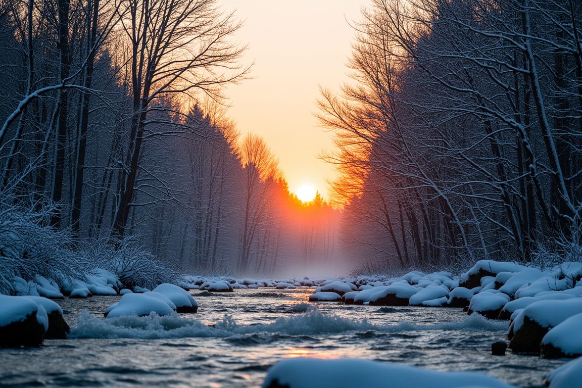 Prompt: SFW, photography of a forest in winter, snow falling, at sunset, a river with rapids crossing the image vertically, Fantasy detailers,