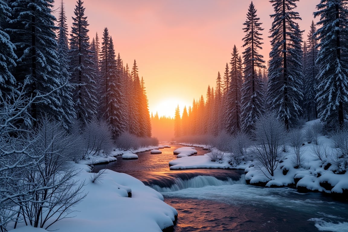 Prompt: SFW, photography of a forest in winter, snow falling, at sunset, a river with rapids crossing the image vertically, Fantasy detailers,