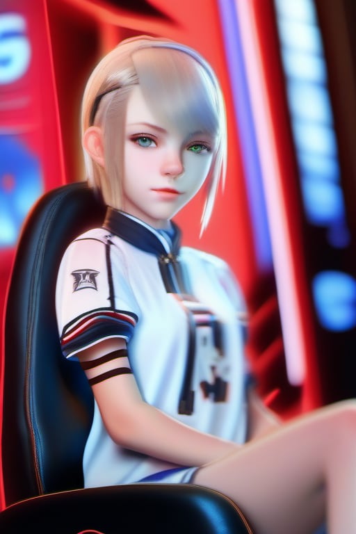 A  13-year-old gamer girl, framed by a soft focus background to emphasize her striking features. The warm lighting accentuates the bright blue eyes, long eyelashes, and haf shaved haircut, capturing her 'sexy yet innocent' charm. She gazes directly into the camera, confidence and independence radiating from her very presence. In the foreground, a subtle of hot boys' faces in the background, highlighting her allure and dominance in the virtual world.