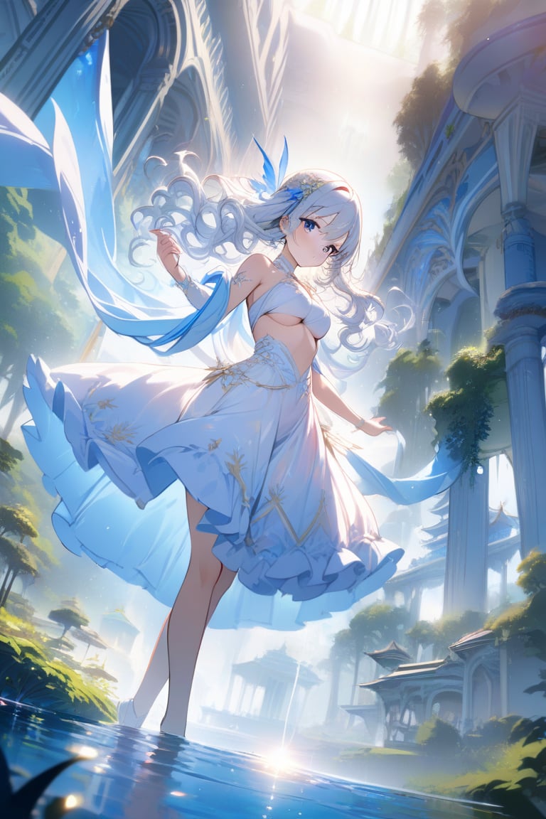 (extremely detailed CG unity 8k wallpaper),(((masterpiece))), (((best quality))), ((ultra-detailed)), (best illustration),(best shadow), ((an extremely delicate and beautiful)),dynamic angle,floating, solo,((1girl)),{long wavy curly hair},expressionless,((white idol dress)), anglesailor dress,(detailed wet clothes),silk shawl,bikini,underboob, frills,cute anime face,blush,(beautiful detailed eyes), (detailed light),feather, nature, (sunlight), river, (forest),(((floating palace))),beautiful and delicate water,(painting),(sketch),(bloom),(shine),