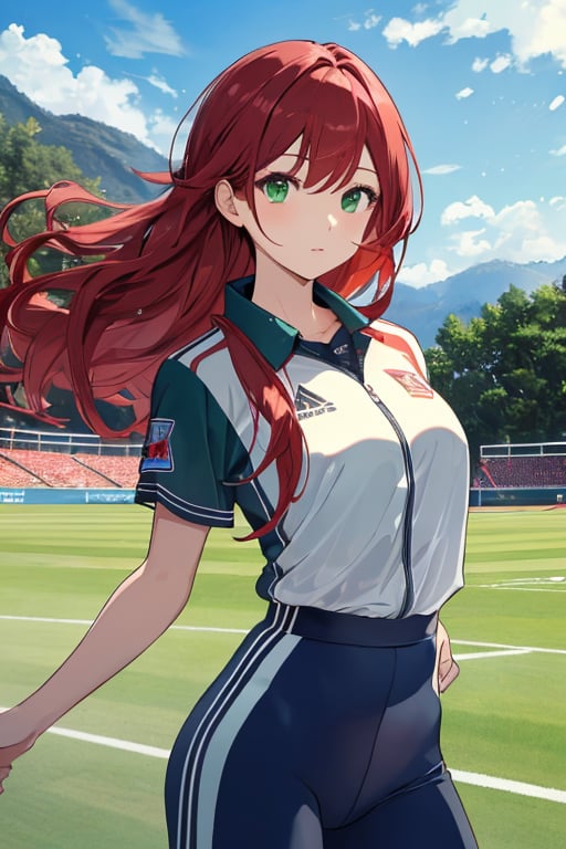 masterpiece,ultra quality,ultra detalis,1girl,long hairstyle,red hair,green eyes,uniform of Athlete,scenery in a sports field