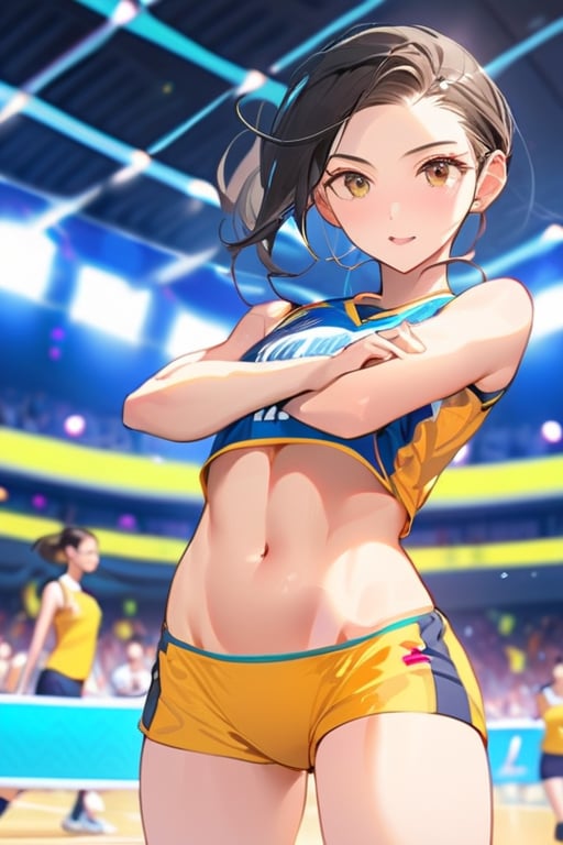 Masterpiece, detailed image, Hight resolution, a woman, belly button, dynamic feeling, volleyball uniform, volleyball court, volleyball, spikes, jump, many spectators in the background, large arena