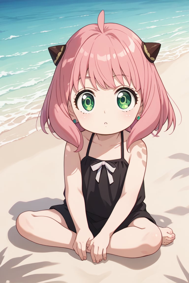 source_anime, score_9, score_8_up, score_7_up, anime screenshot, absurdities, official style, 1 child, anya forger, bangs, green eyes, pink hair, ahoge, hair, small horns in hair, earrings, black bikini, barefoot, beach, dappled sunlight, sitting, looking at viewer, ocean,